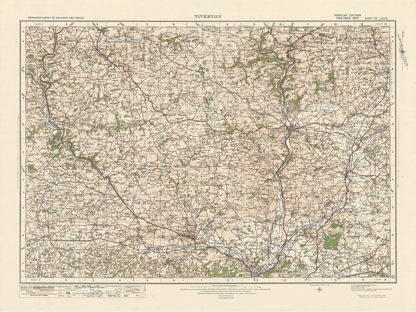 Mapa de Old Ordnance Survey, hoja 128 - Tiverton, 1925: Crediton, Cullompton, Bampton, Willand, North Tawton