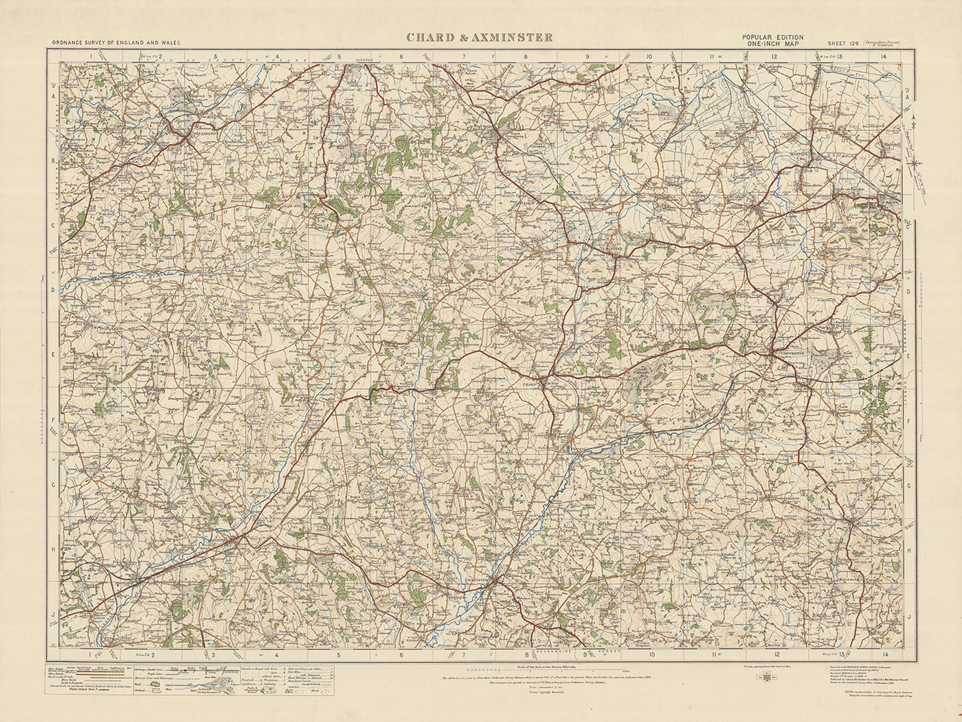 Carte Old Ordnance Survey, feuille 129 - Chard & Axminster, 1925 : Honiton, Crewkerne, Ilminster, Wellington, Blackdown Hills AONB