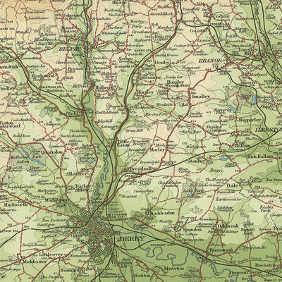 Antiguo mapa OS de Derby y Nottingham, Derbyshire por Bartholomew, 1901: Nottingham, Derby, River Trent, Peak District, Sherwood Forest, Chatsworth House