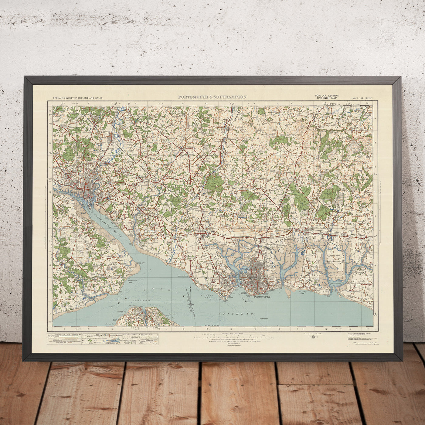 Mapa de Old Ordnance Survey, hoja 132 - Portsmouth y Southampton, 1925: Eastleigh, Fareham, Havant, Hayling Island, Chichester Harbor AONB