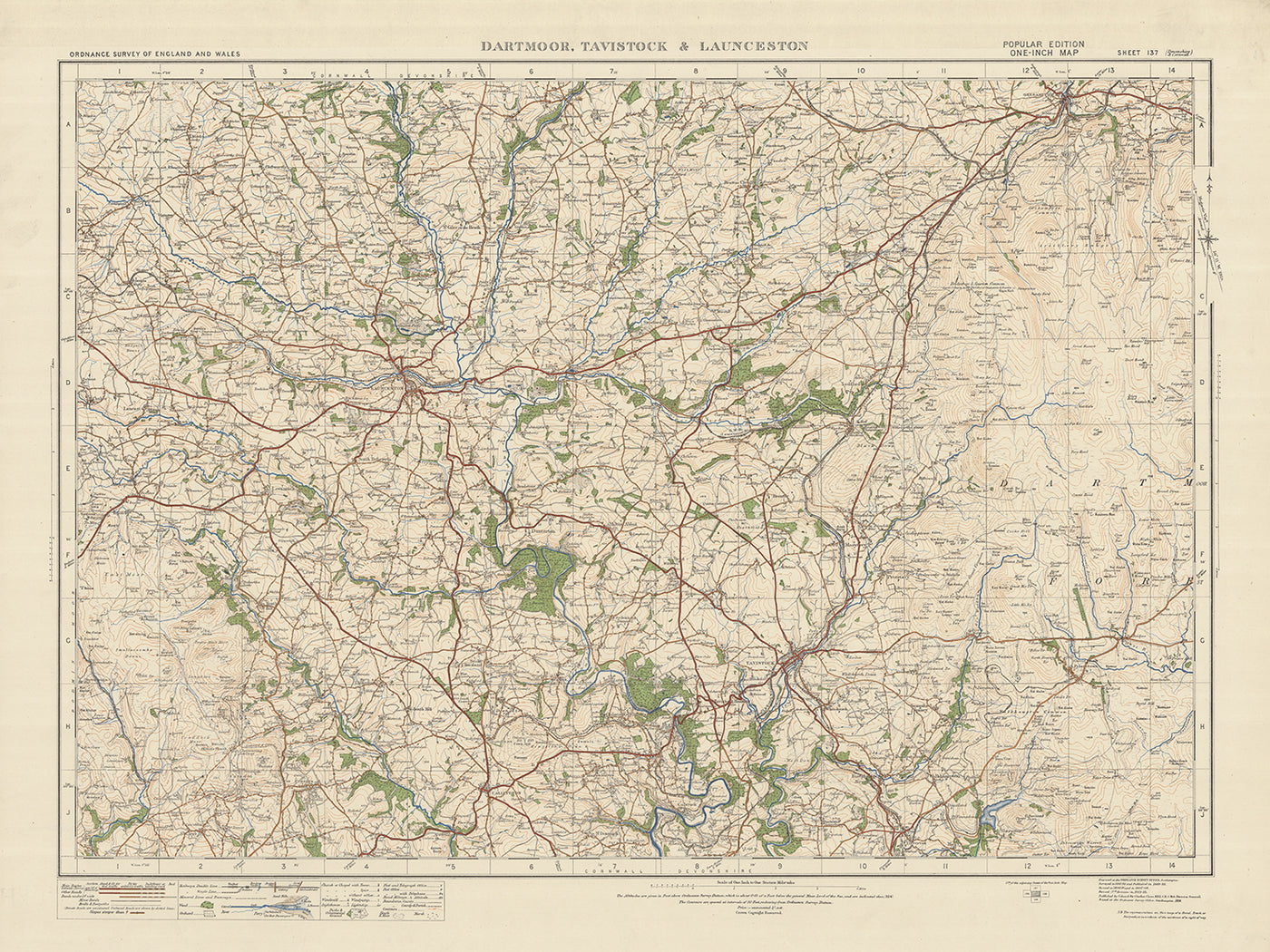 Carte Old Ordnance Survey, feuille 137 - Dartmoor, Tavistock et Launceston, 1925 : Okehampton, Callington, Gunnislake, Yelverton, Tamar Valley AONB