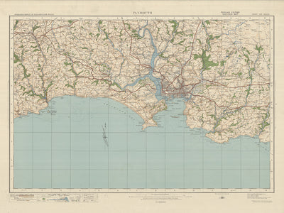 Mapa antiguo del Ordnance Survey, hoja 144 - Plymouth, 1919-1926: Saltash, Liskeard, Torpoint y Callington, con el Parque Nacional de Dartmoor, el río Tamar y el puente Royal Albert.