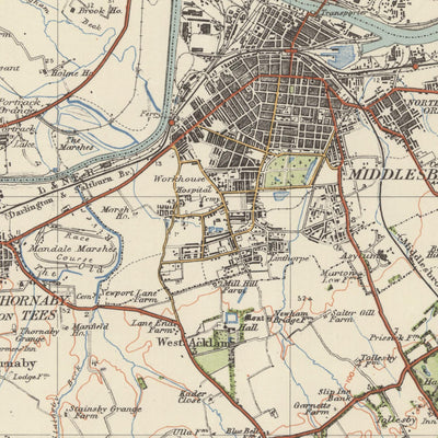 Ancienne carte de l'Ordnance Survey, feuille 15 - Middlesbrough & Hartlepool, 1925 : Durham, Thornaby, Seaton Carew, Darlington, Stockton-on-Tees