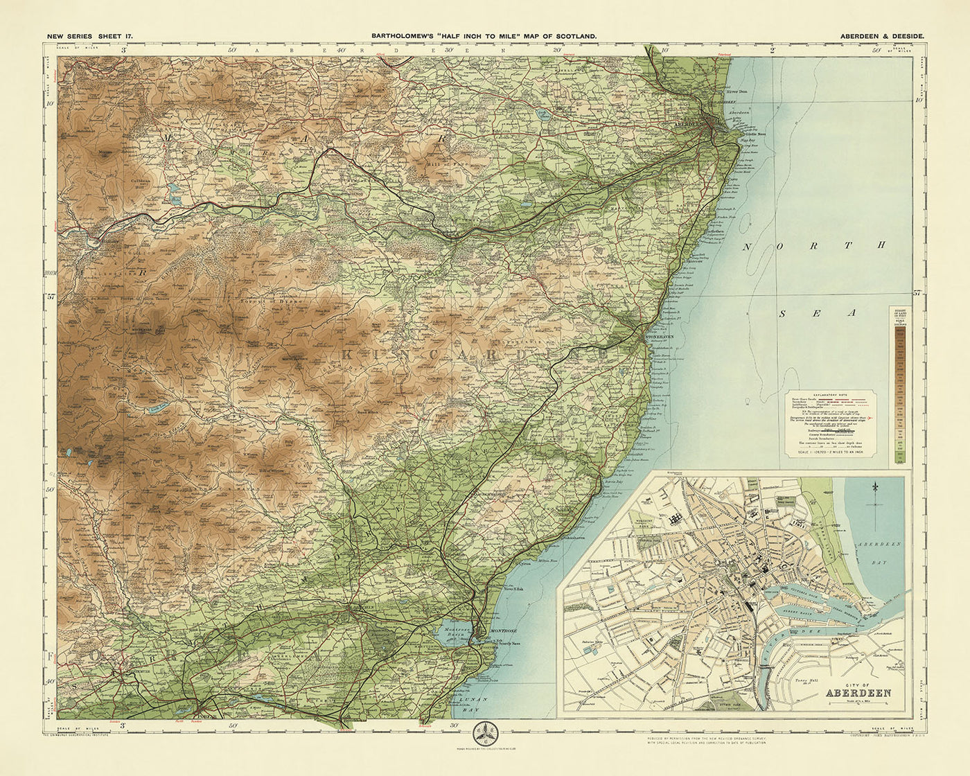 Antiguo mapa OS de Aberdeen y Deeside, Aberdeenshire por Bartholomew, 1901: Aberdeen, río Dee, Bennachie, castillo de Dunnottar, lago de Skene, costa del Mar del Norte
