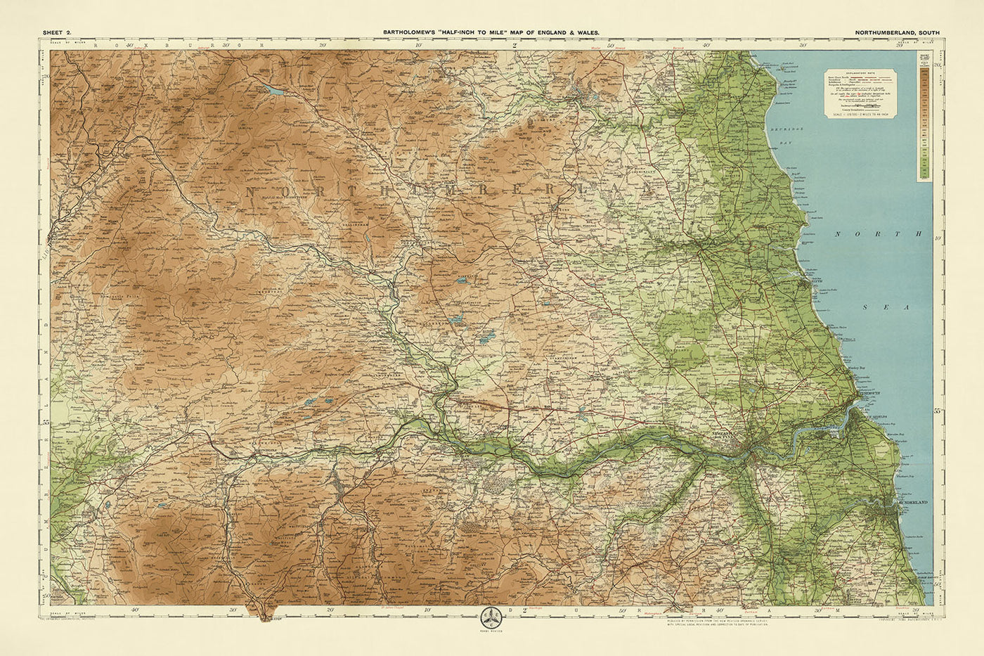 Antiguo mapa OS de Northumberland - Sur por Bartolomé, 1901: Newcastle, Sunderland, Tyne, Cheviot Hills, Muro de Adriano, Mar del Norte