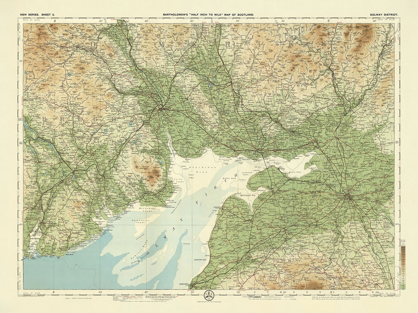 Alte OS-Karte von Dumfries, Dumfriesshire von Bartholomew, 1901: Solway Firth, Carlisle, Hadrianswall, Skiddaw, Lochmaben, Eisenbahnen