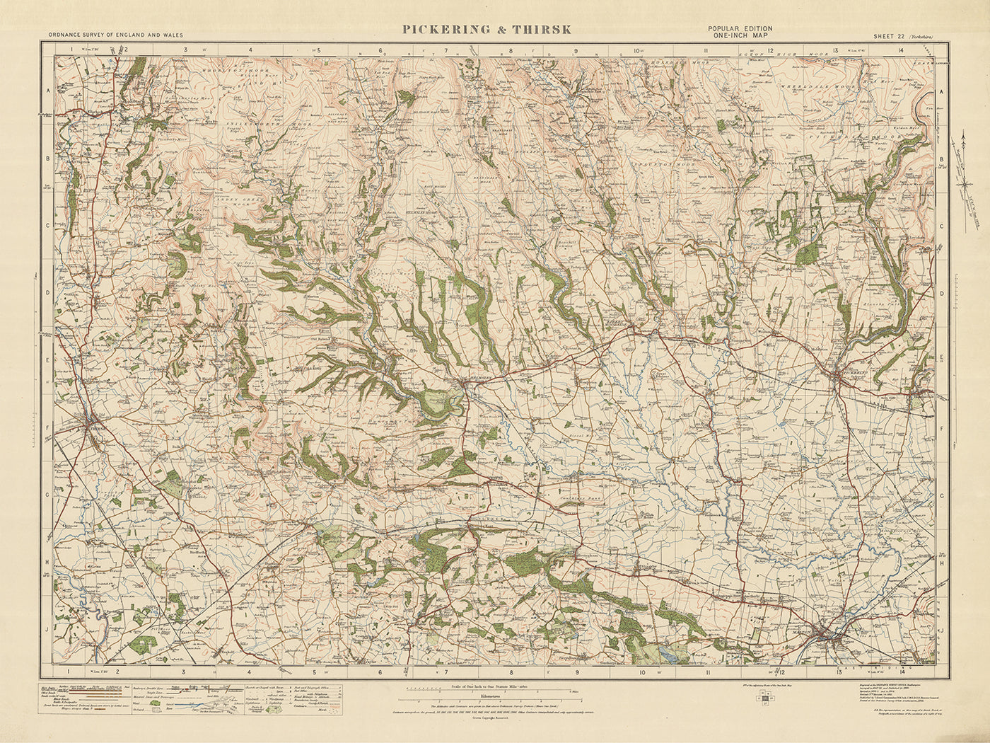 Mapa antiguo de Ordnance Survey, hoja 22 - Pickering & Thirsk, 1925: Malton, Helmsley, Kirkbymoorside, Howardian Hills AONB, Parque Nacional de North York Moors