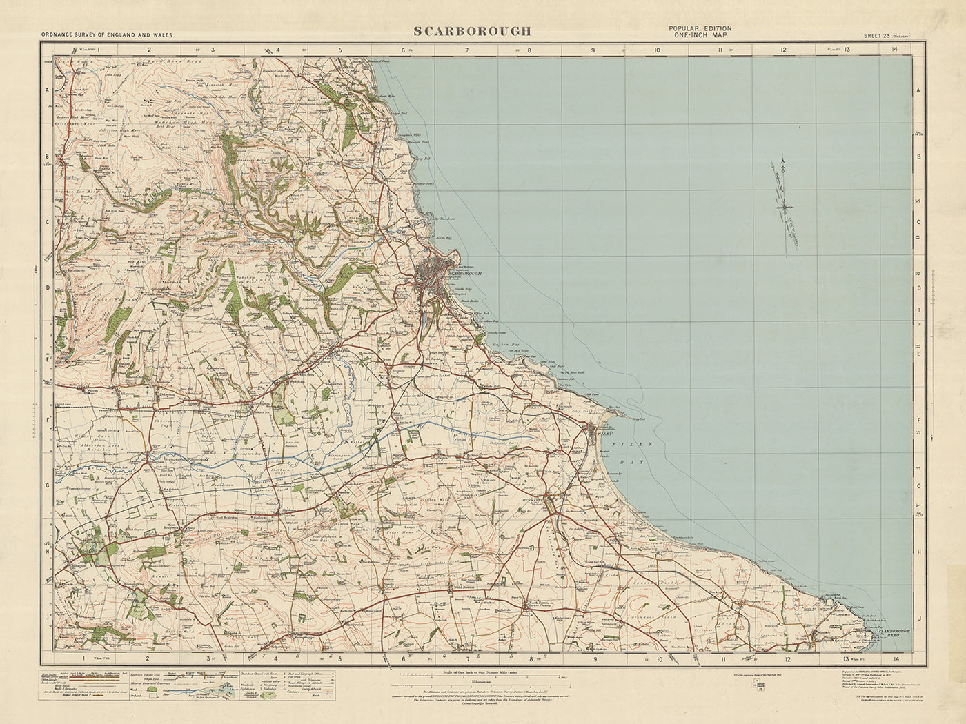 Mapa antiguo de Ordnance Survey, hoja 23 - Scarborough, 1925: Filey, Hunmanby, Sherburn, Parque Forestal de North Riding, Reserva Natural de Flamborough Outer Headlands