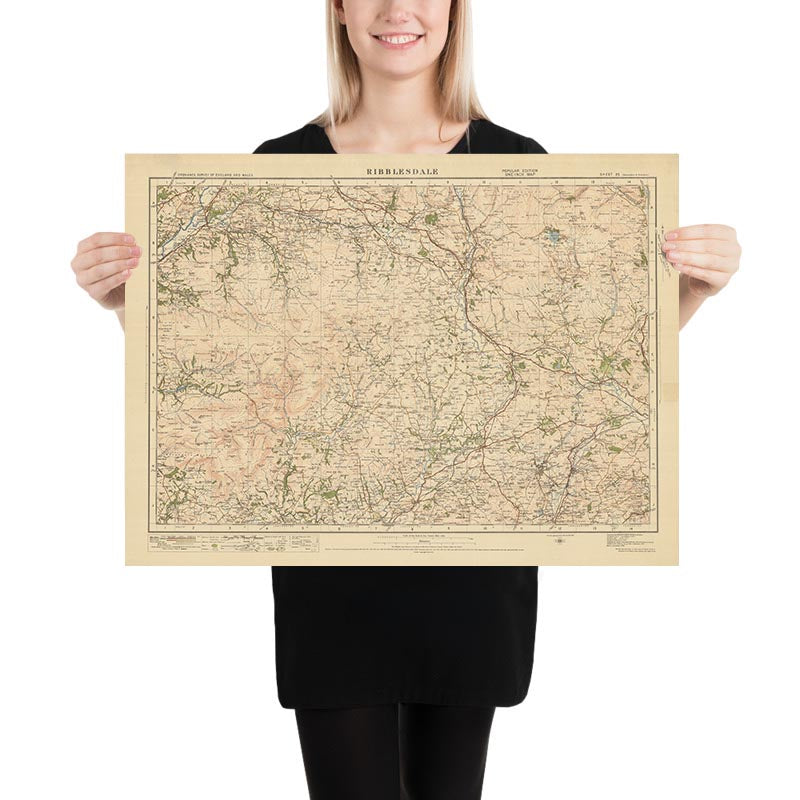 Mapa antiguo de Ordnance Survey, Hoja 25 - Ribblesdale, 1925: Settle, Bentham, Barnoldswick, Bosque de Bowland AONB, Parque Nacional de Yorkshire Dales