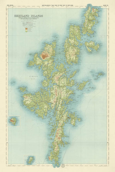 Antiguo mapa OS de las Islas Shetland por Bartolomé, 1901: Lerwick, Ronas Hill, Sullom Voe, Jarlshof, Fair Isle, Foula