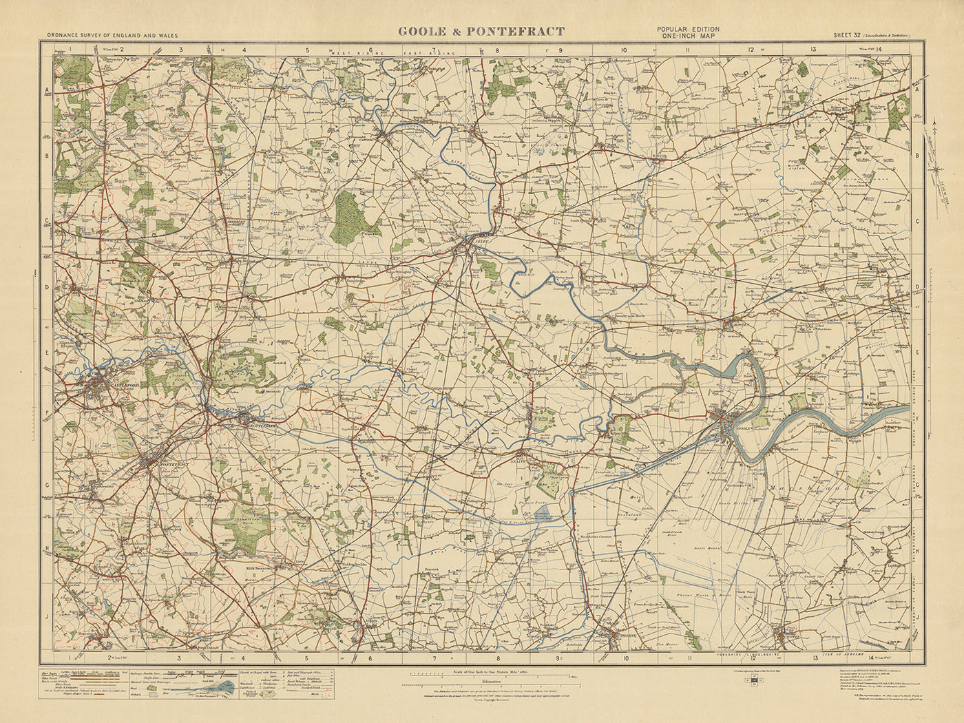 Mapa antiguo de Ordnance Survey, hoja 32 - Goole & Pontefract, 1925: Castleford, Knottingley, Selby, Howden, Snaith