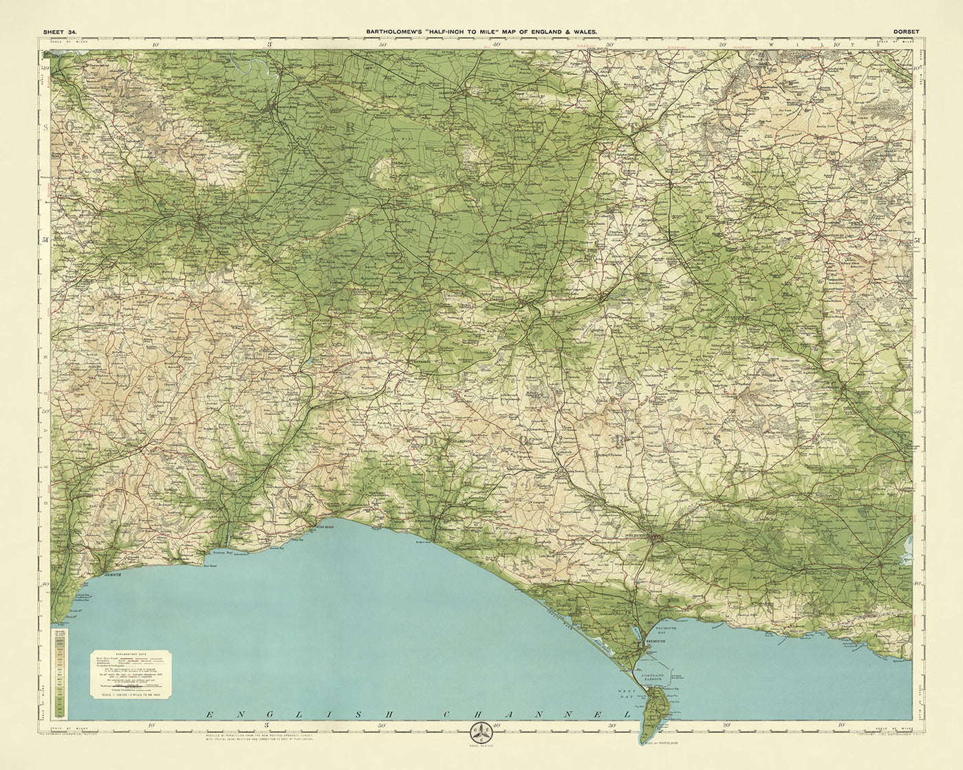 Antiguo mapa OS de Dorset por Bartolomé, 1901: Bournemouth, Poole, Weymouth, Chesil Beach, Castillo Corfe, Durdle Door