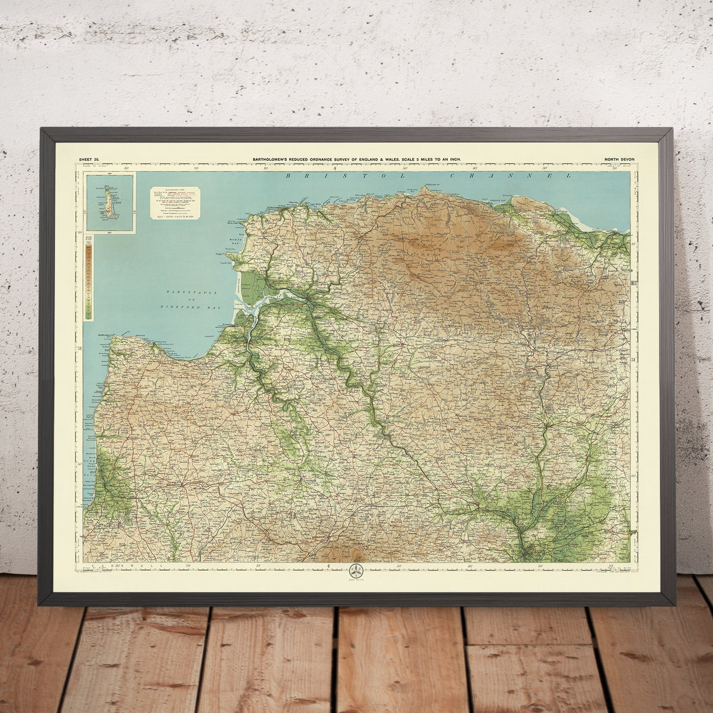 Mapa OS antiguo de North Devon por Bartholomew, 1901: Barnstaple, Exmoor, River Taw, Bideford Bay, Lundy Island