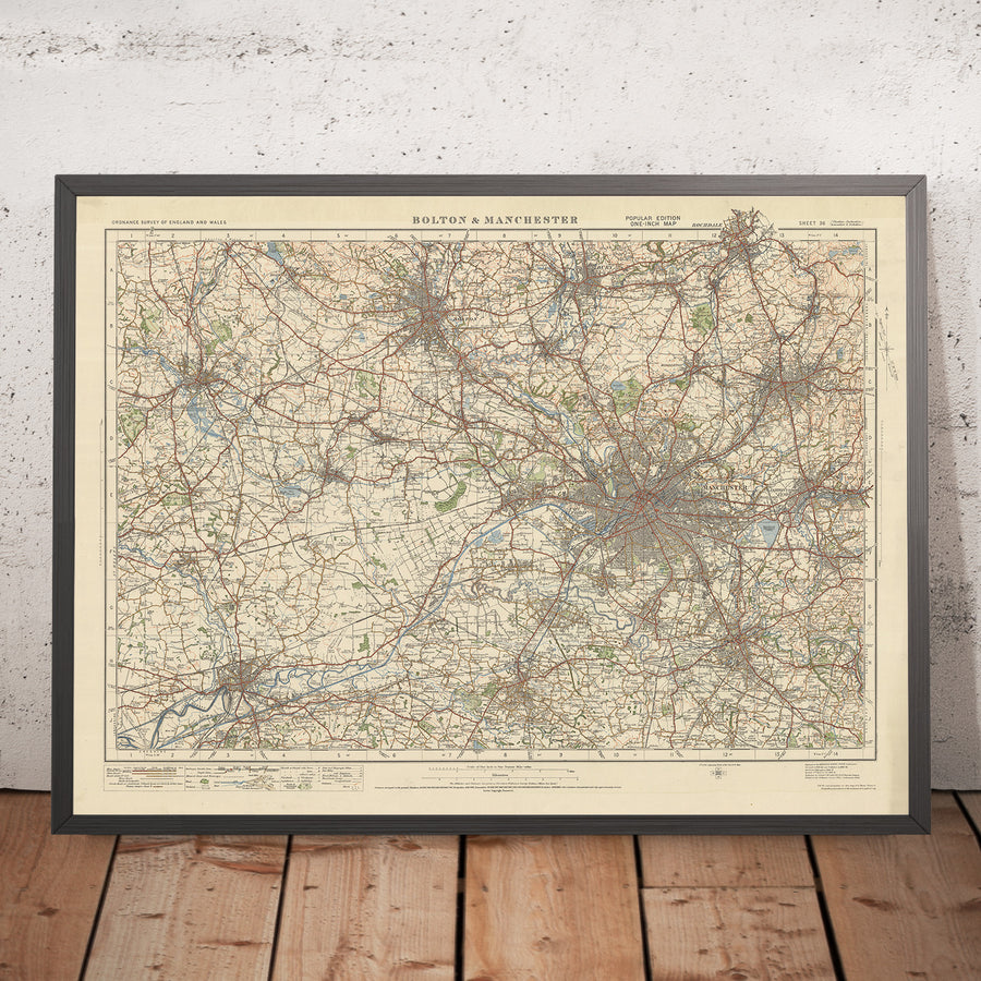 Carte Old Ordnance Survey, feuille 36 - Bolton et Manchester, 1925 : Warrington, Wigan, Oldham, Rochdale, Bury