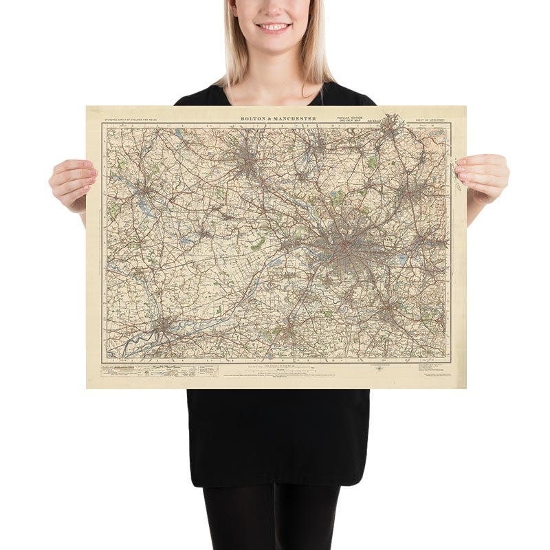Carte Old Ordnance Survey, feuille 36 - Bolton et Manchester, 1925 : Warrington, Wigan, Oldham, Rochdale, Bury