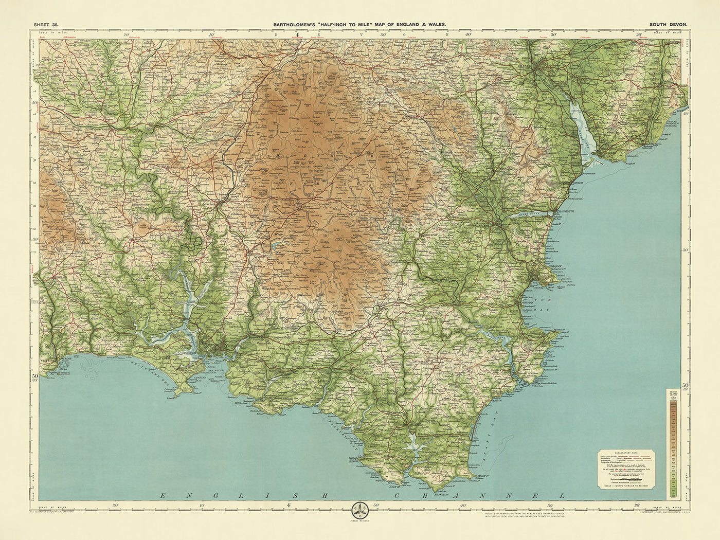Antiguo mapa OS del sur de Devon por Bartholomew, 1901: Exeter, Torquay, Dartmoor, Estuario de Exe, Punto de inicio, Torbay