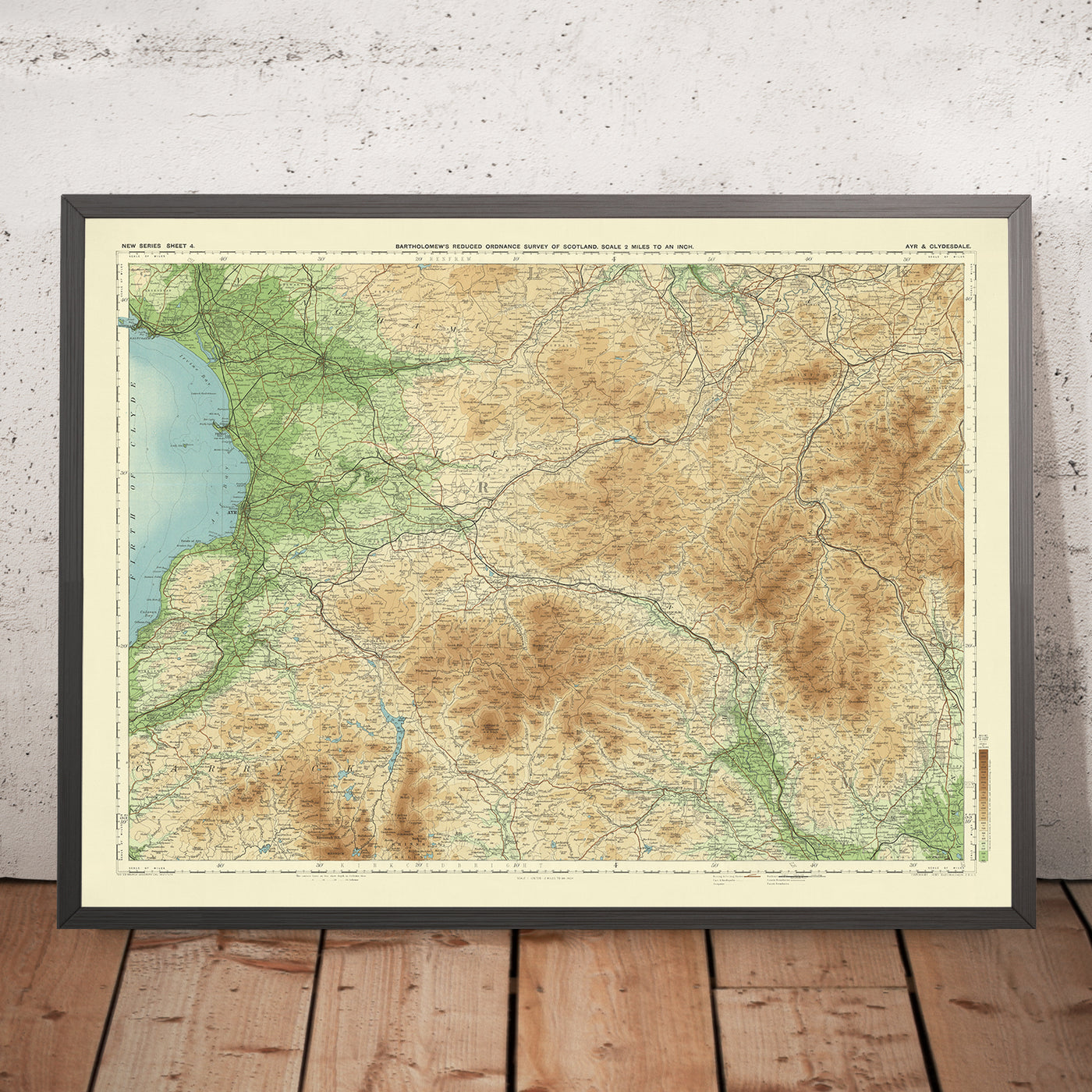 Antiguo mapa OS de Ayr, Ayrshire por Bartholomew, 1901: Kilmarnock, Irvine, Clyde, Uplands, Ferrocarriles, Relieve