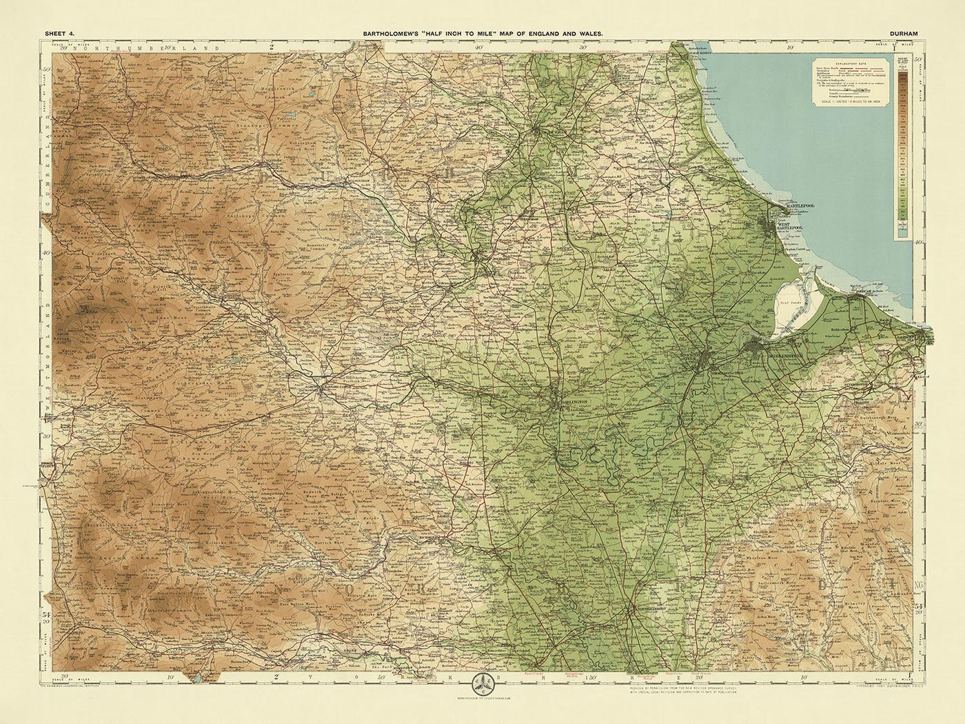 Old OS Map of County Durham by Bartholomew, 1901: Middlesbrough, River Tees, Pennine Hills, Darlington, Hartlepool