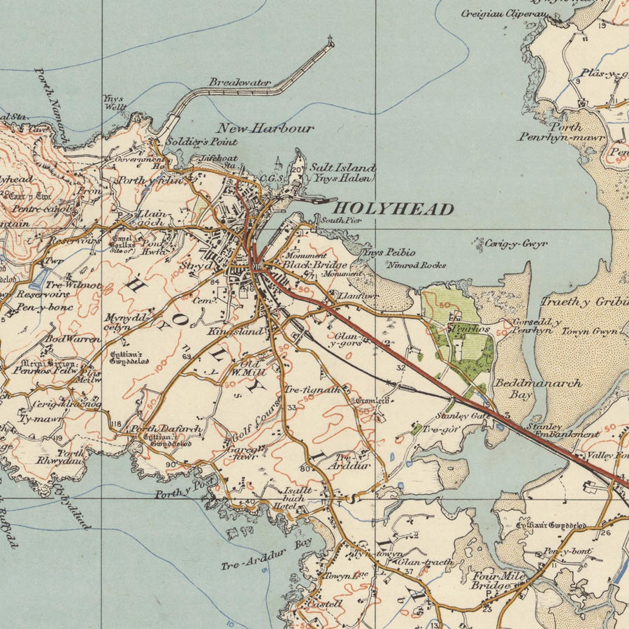 Carte Old Ordnance Survey, feuille 41 - Anglesey, 1925 : Bangor, Caernarfon, Holyhead, Amlwch, Beaumaris