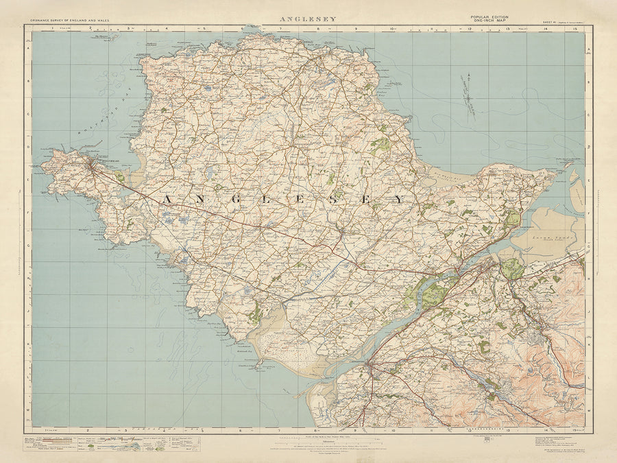 Carte Old Ordnance Survey, feuille 41 - Anglesey, 1925 : Bangor, Caernarfon, Holyhead, Amlwch, Beaumaris