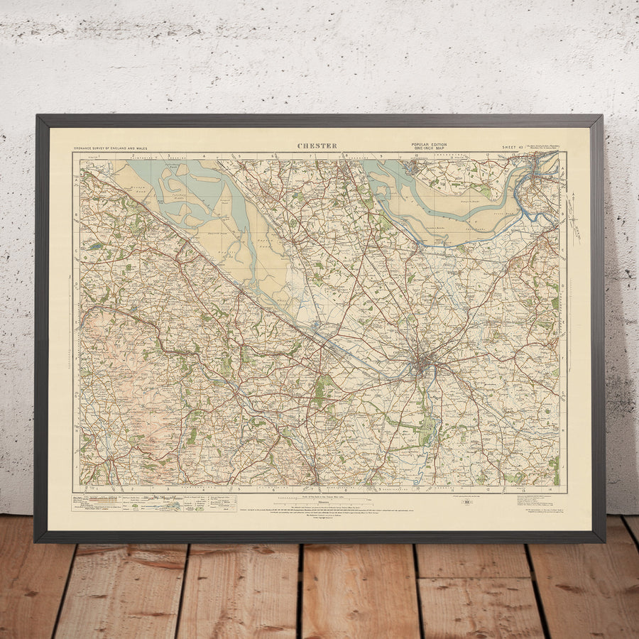 Carte Old Ordnance Survey, feuille 43 - Chester, 1925 : Flint, Widnes, Ellesmere Port, Mold, Clwydian Range et Dee Valley AONB