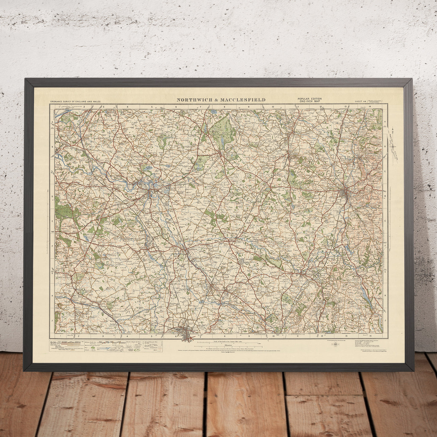 Mapa de Old Ordnance Survey, hoja 44 - Northwich & Macclesfield, 1925: Knutsford, Crewe, Macclesfield, Wilmslow, Winsford