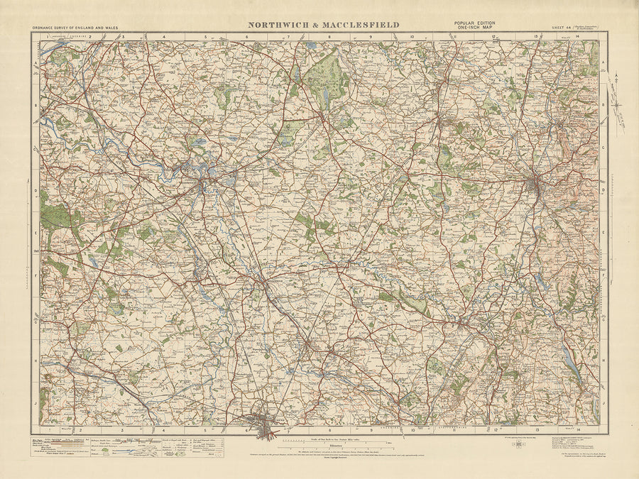 Carte Old Ordnance Survey, feuille 44 - Northwich & Macclesfield, 1925 : Knutsford, Crewe, Macclesfield, Wilmslow, Winsford