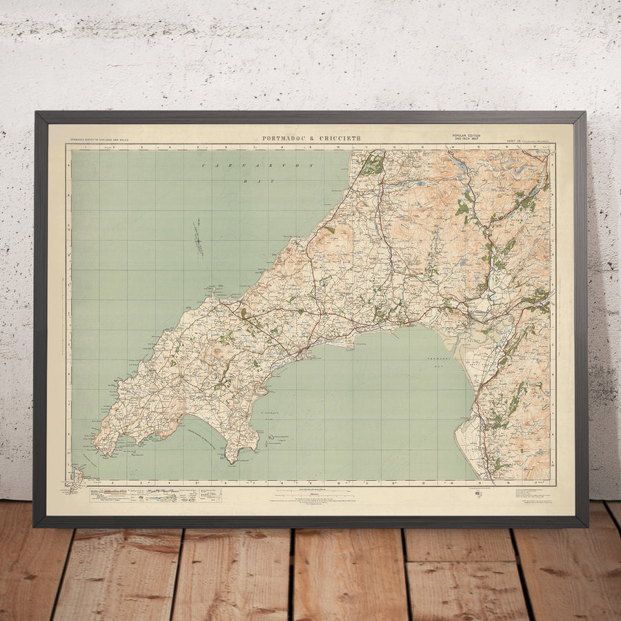 Mapa de Old Ordnance Survey, hoja 49 - Portmadoc & Criccieth, 1925: Harlech, Pwllheli, Abersoch, Yr Wyddfa (Monte Snowdon), Parque Nacional Eryri