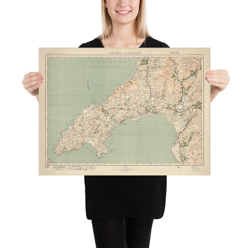 Mapa de Old Ordnance Survey, hoja 49 - Portmadoc & Criccieth, 1925: Harlech, Pwllheli, Abersoch, Yr Wyddfa (Monte Snowdon), Parque Nacional Eryri