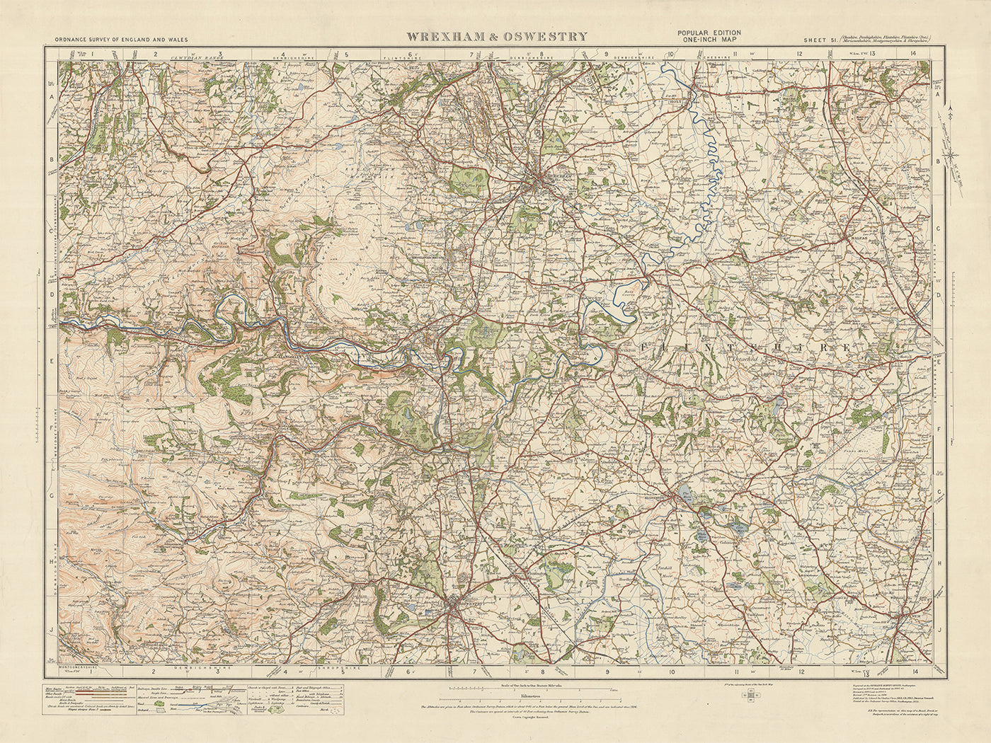 Old Ordnance Survey Map, Blatt 51 – Wrexham & Oswestry, 1925: LLangolen, Wem, Ellesmere, Malpas