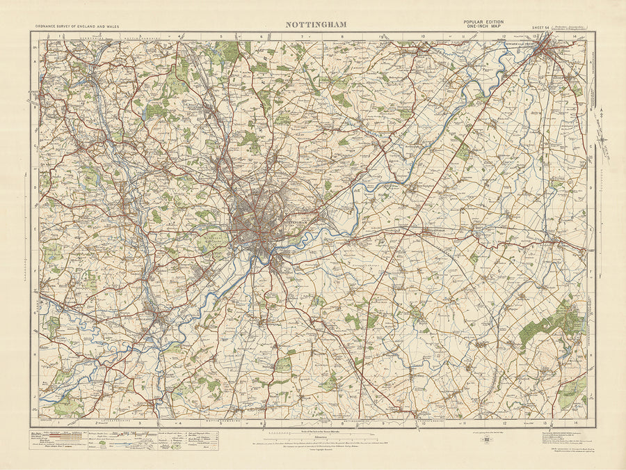 Alte Ordnance Survey-Karte, Blatt 54 - Nottingham, 1925: Ilkeston, Heanor, Long Eaton, Newark-on-Trent, Southwell 
