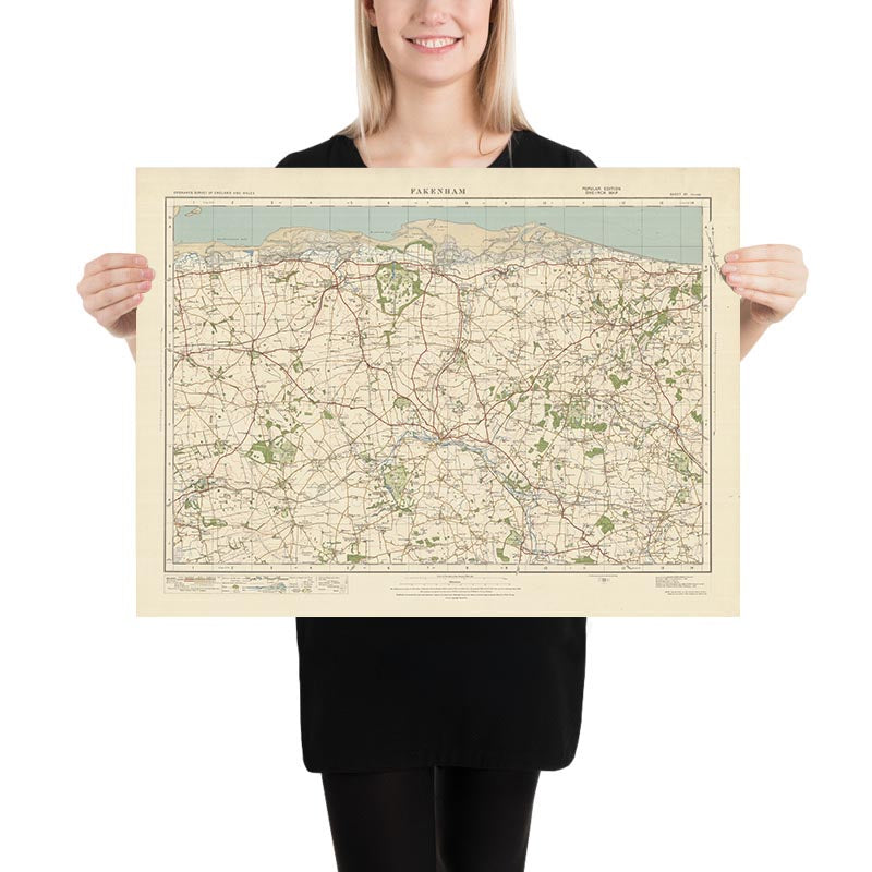 Mapa de Old Ordnance Survey, hoja 57 - Fakenham, 1925: Holt, Burnham Market, Little Walsingham, Briston, Costa de Norfolk AONB
