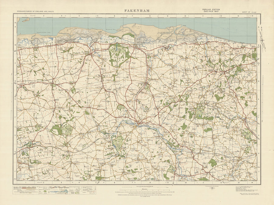 Mapa de Old Ordnance Survey, hoja 57 - Fakenham, 1925: Holt, Burnham Market, Little Walsingham, Briston, Costa de Norfolk AONB
