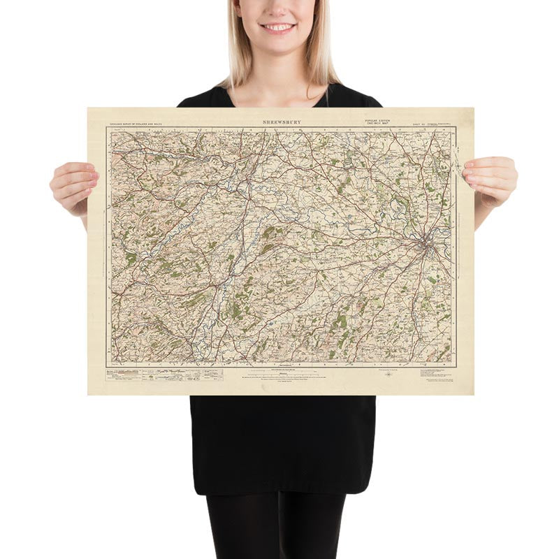 Mapa de Old Ordnance Survey, hoja 60 - Shrewsbury, 1925: Welshpool, Llanfyllin, Llanrhaeadr-ym-Mochnant, Llanfair Caereinion, Shropshire Hills AONB