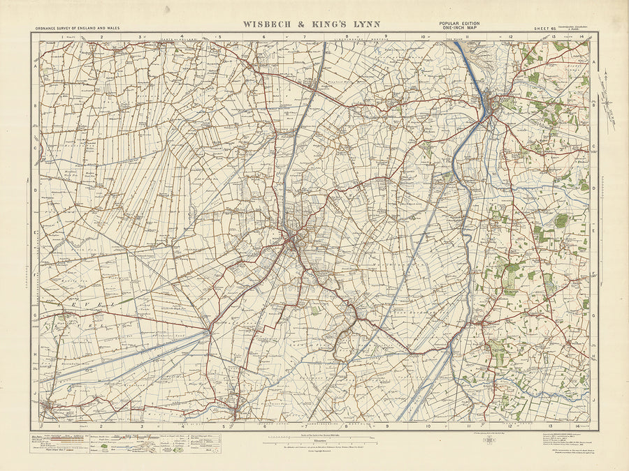 Mapa de Old Ordnance Survey, hoja 65 - Wisbech & Kings Lynn, 1925: Downham Market, Long Sutton, Holbeach, Outwell, River Great Ouse