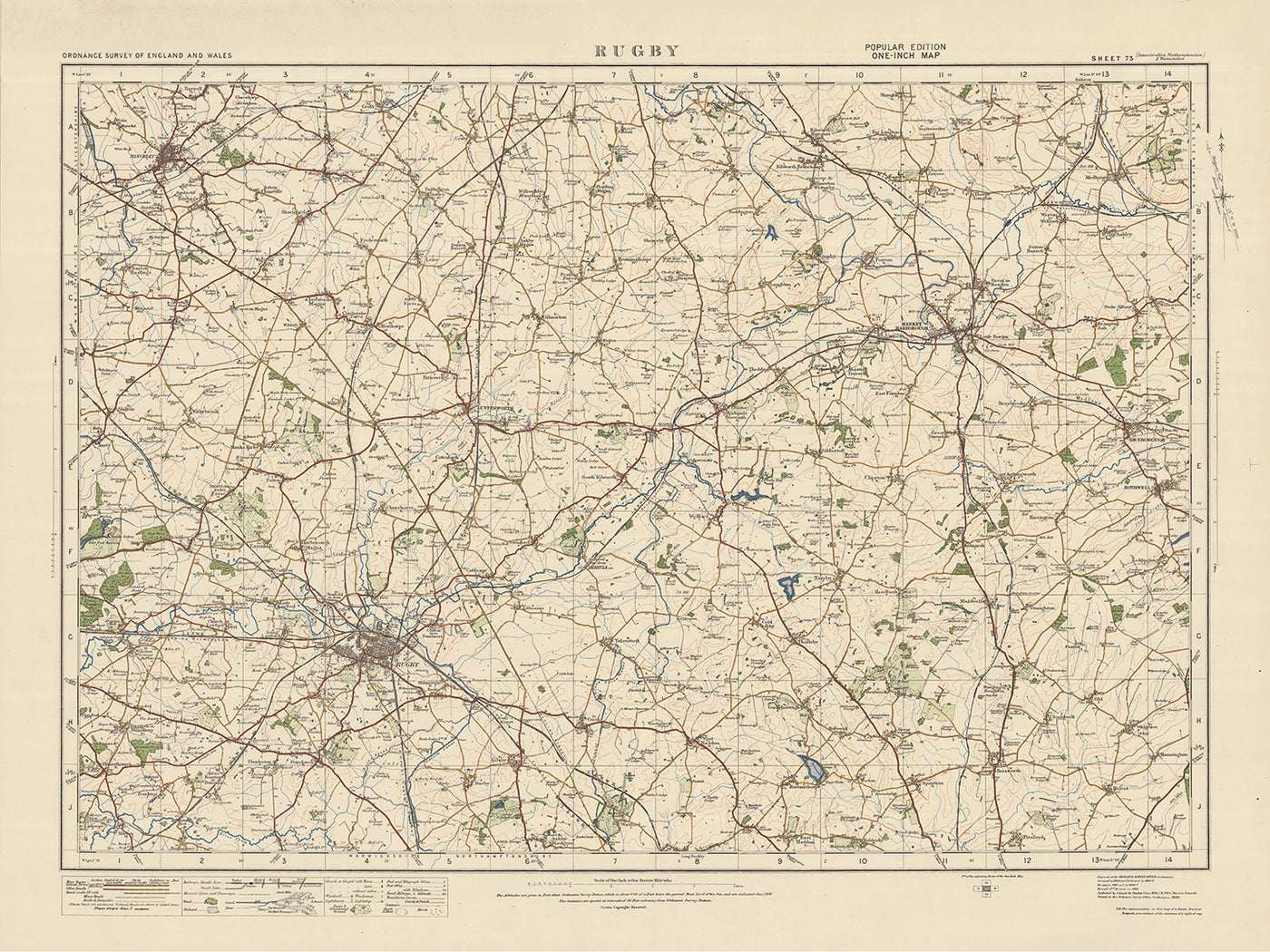 Mapa de Old Ordnance Survey, hoja 73 - Rugby, 1925: Hinckley, Market Harborough, Lutterworth, Desborough, Rothwell