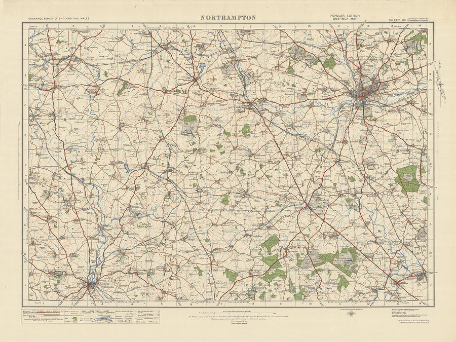 Mapa de Old Ordnance Survey, hoja 83 - Northampton, 1925: Banbury, Daventry, Towcester, Wolverton, Silverstone