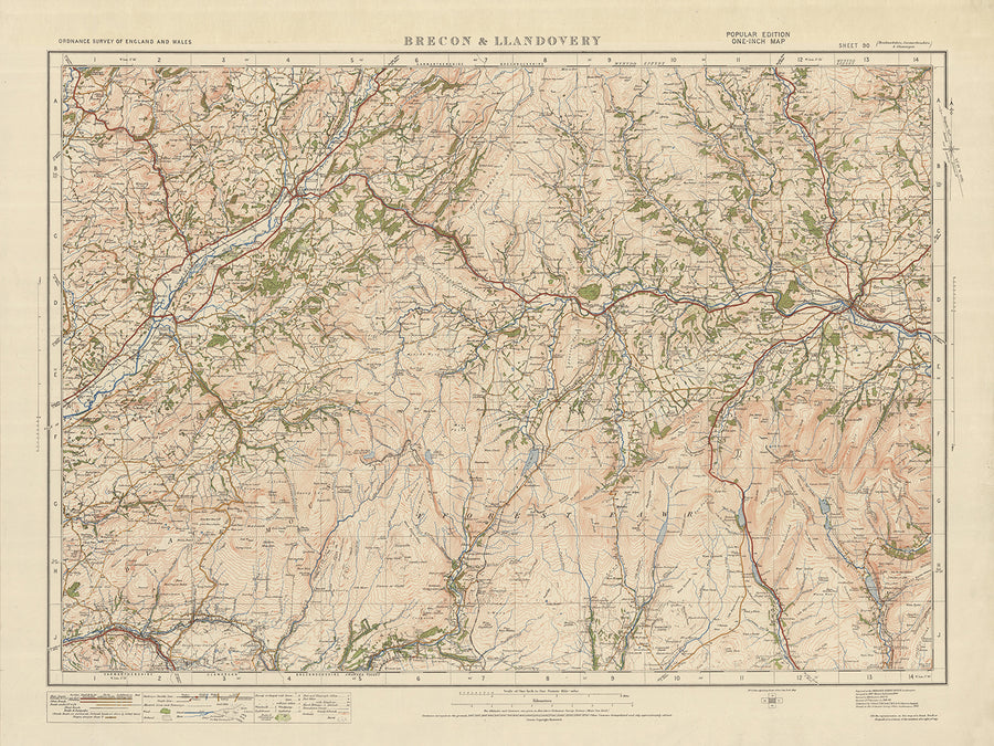 Mapa de Old Ordnance Survey, hoja 90 - Brecon & Llandovery, 1925: Llangadog, Llanwrda, Glanaman, Centro Nacional Showcaves de Gales, Parque Nacional Bannau Brycheiniog