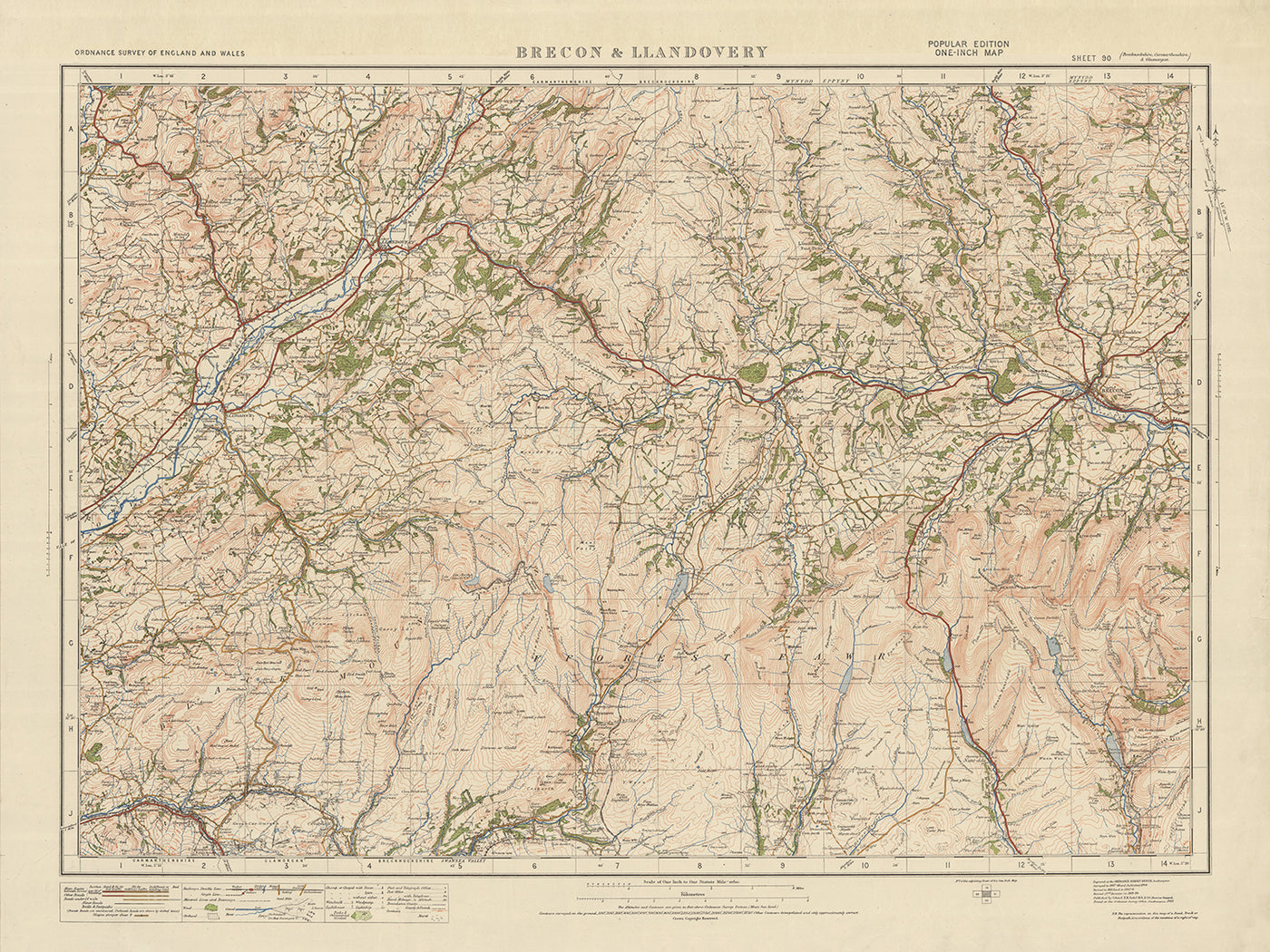 Old Ordnance Survey Map, Blatt 90 – Brecon & Llandovery, 1925: Llangadog, Llanwrda, Glanaman, National Showcaves Centre for Wales, Bannau Brycheiniog National Park