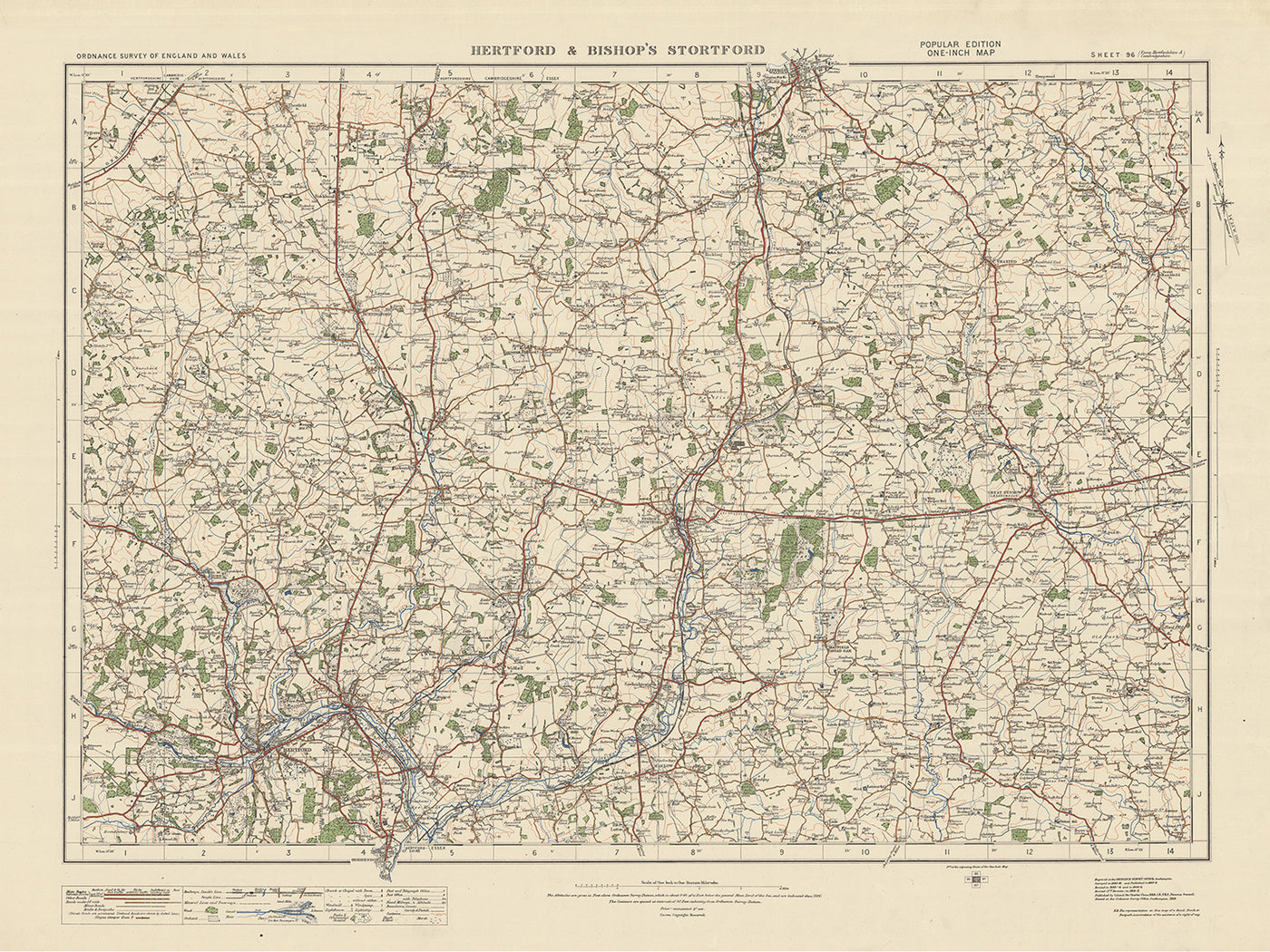 Mapa de Old Ordnance Survey, hoja 96 - Hertford & Bishops Stortford, 1925: Harlow, Saffron Walden, Ware, Hoddesdon y Great Dunmow