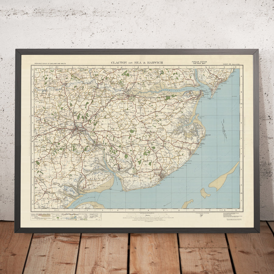 Carte Old Ordnance Survey, feuille 98 - Clacton on Sea & Harwich, 1925 : Colchester, Walton-on-the-Naze, Felixstowe, Dedham Vale AONB