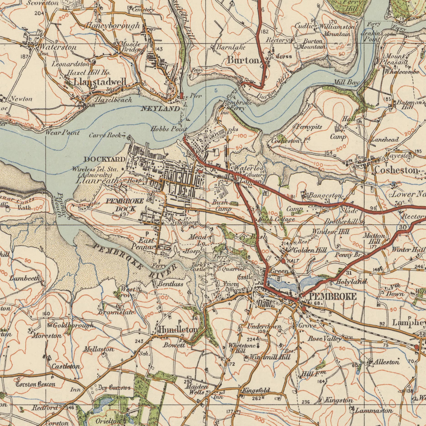 Carte de l'Old Ordnance Survey, feuille 99 - Pembroke & Tenby, 1925 : Neyland, Milford Haven, Haverfordwest, Narberth, parc national de la côte du Pembrokshire