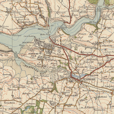 Carte de l'Old Ordnance Survey, feuille 99 - Pembroke & Tenby, 1925 : Neyland, Milford Haven, Haverfordwest, Narberth, parc national de la côte du Pembrokshire