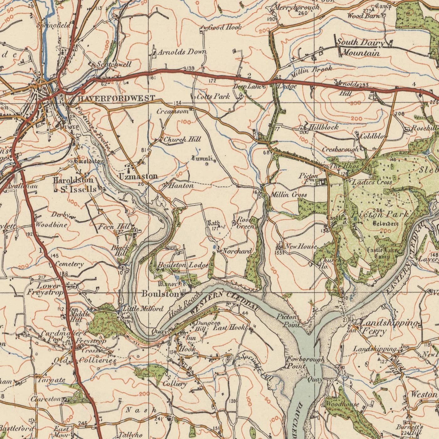 Carte de l'Old Ordnance Survey, feuille 99 - Pembroke & Tenby, 1925 : Neyland, Milford Haven, Haverfordwest, Narberth, parc national de la côte du Pembrokshire