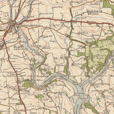 Carte de l'Old Ordnance Survey, feuille 99 - Pembroke & Tenby, 1925 : Neyland, Milford Haven, Haverfordwest, Narberth, parc national de la côte du Pembrokshire