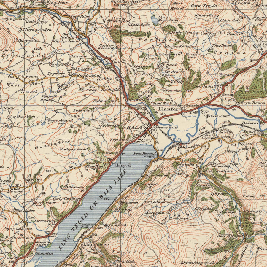 Mapa de Old Ordnance Survey, Hoja 50 - Bala, 1925: Corwen, Blaenau Ffestiniog, Trawsfynydd, Coed y Brenin Forest Park, Parque Nacional Eryri (Snowdonia)