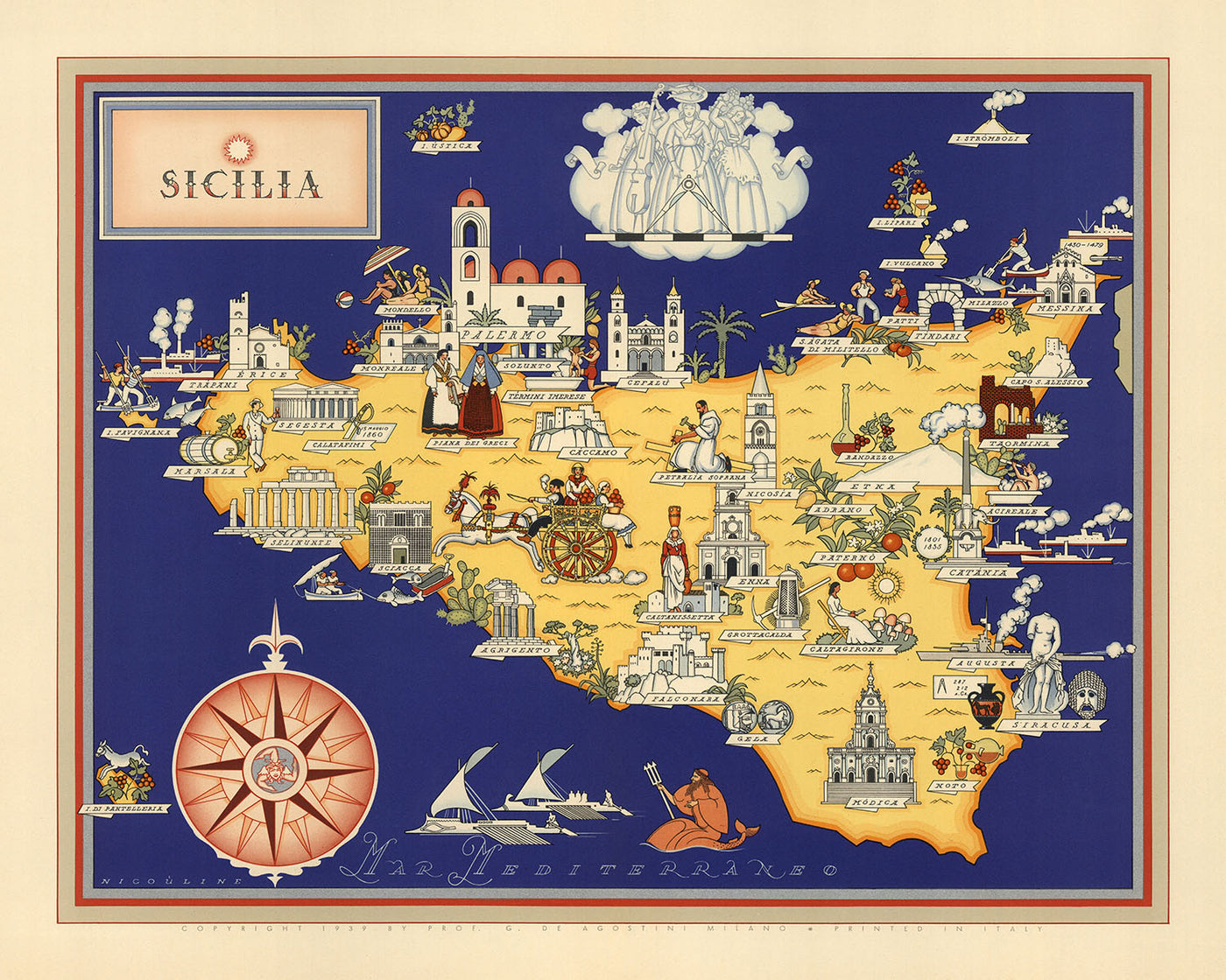 Old Pictorial Map of Sicily by De Agostini, 1938: Palermo, Catania, Messina, Parco dell'Etna, Parco dei Nebrodi