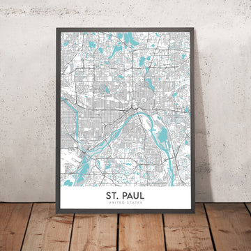 Mappa della città moderna di St. Paul, MN: Como Park, Highland Park, Macalester College, Capitol dello Stato del Minnesota, fiume Mississippi 