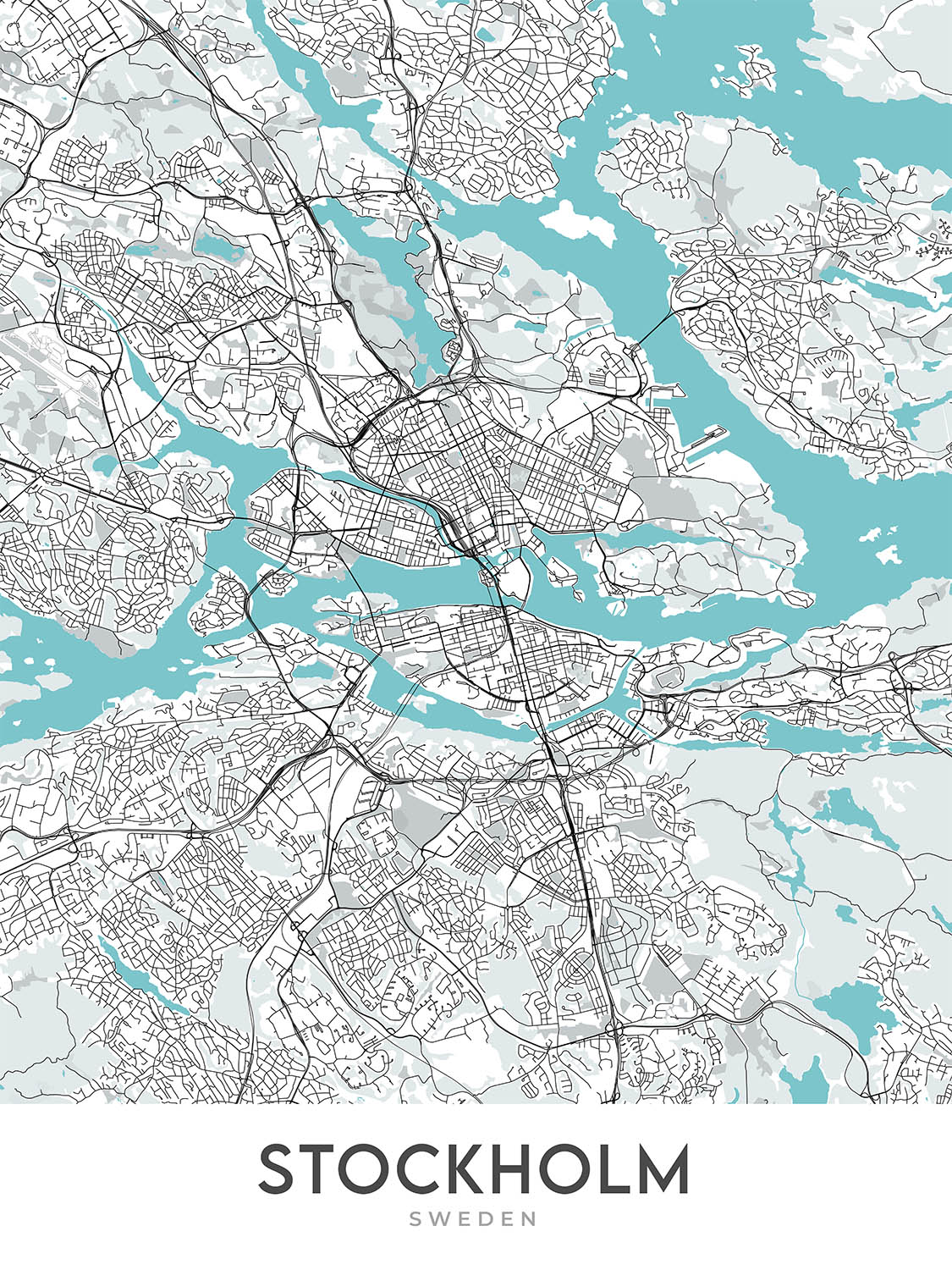 Plan de la ville moderne de Stockholm, Suède : Gamla Stan, Palais de Stockholm, Djurgården, E4, E18