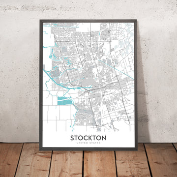 Mapa moderno de la ciudad de Stockton, CA: Centro, Universidad del Pacífico, Stockton Arena, I-5, SR-99